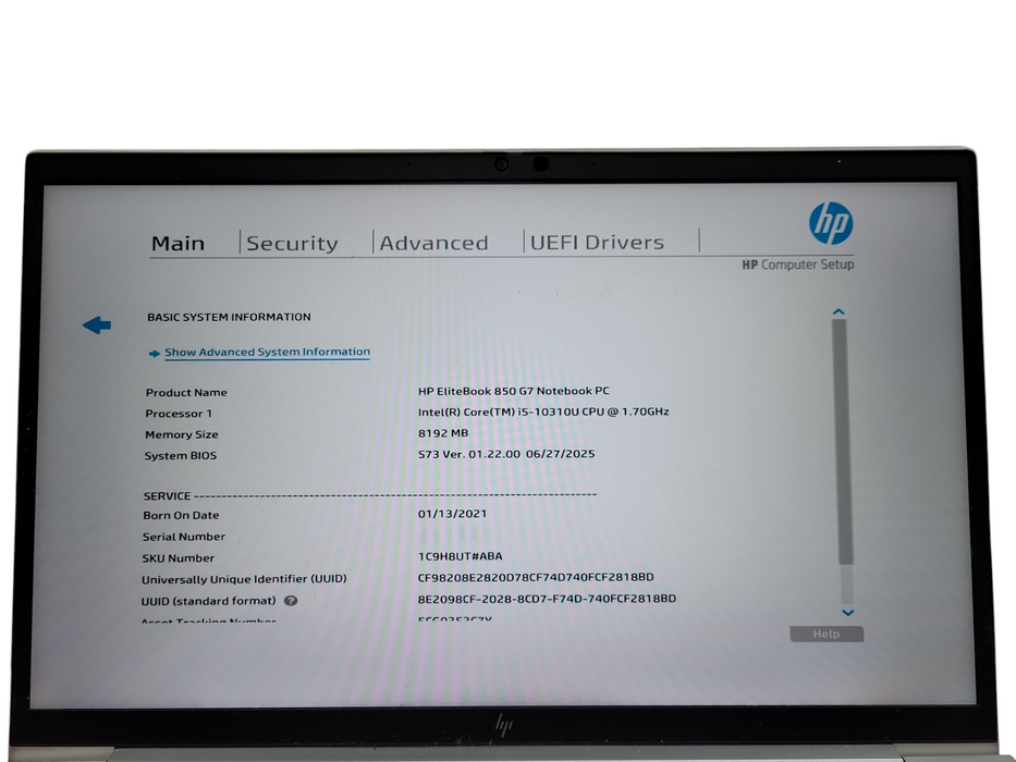 HP EliteBook 850 G7 Core i5-10310U@1.7GHz 8GB RAM 256GB NVMe READ ! Lap200