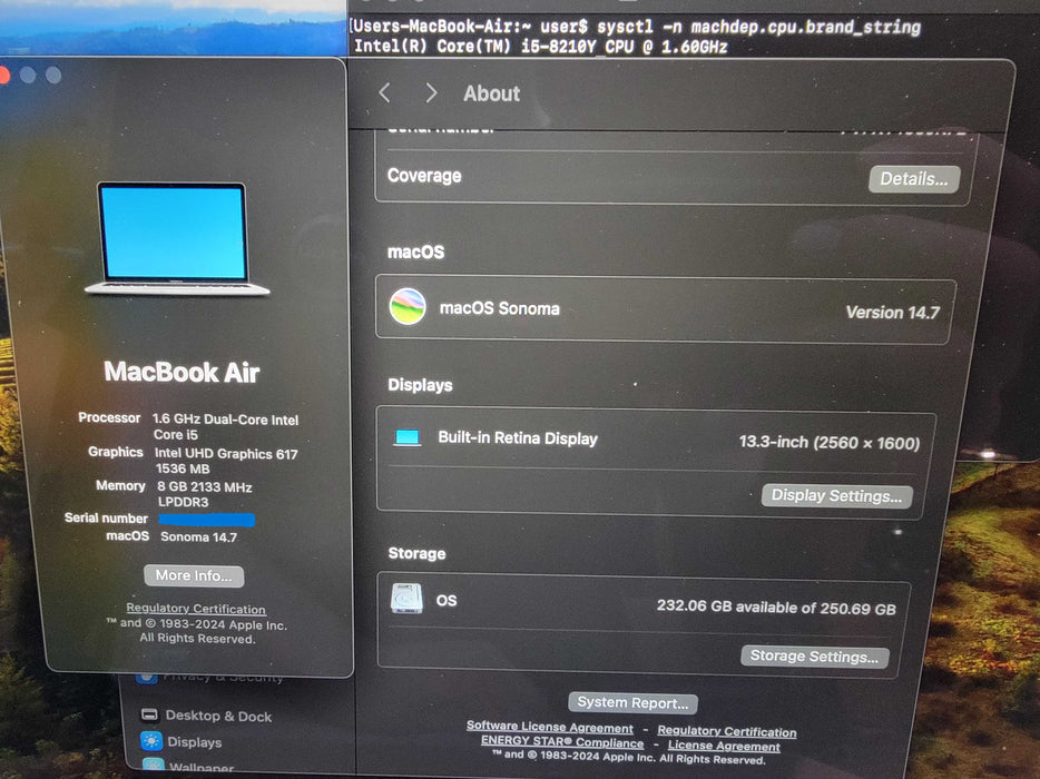 MacBook Air Retina 13" 2018 | i5-8210Y @1.6GHz | 8GB RAM | 250GB SSD