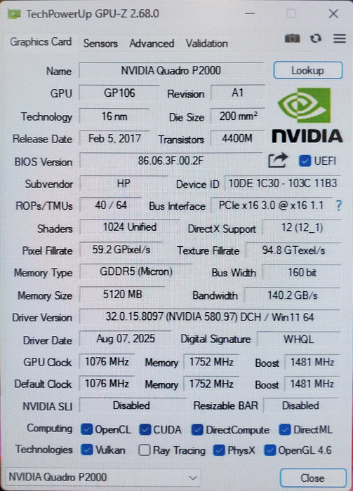 NVIDIA Quadro P2000 5GB GDDR5 Graphics Card | 4xDisplay Port