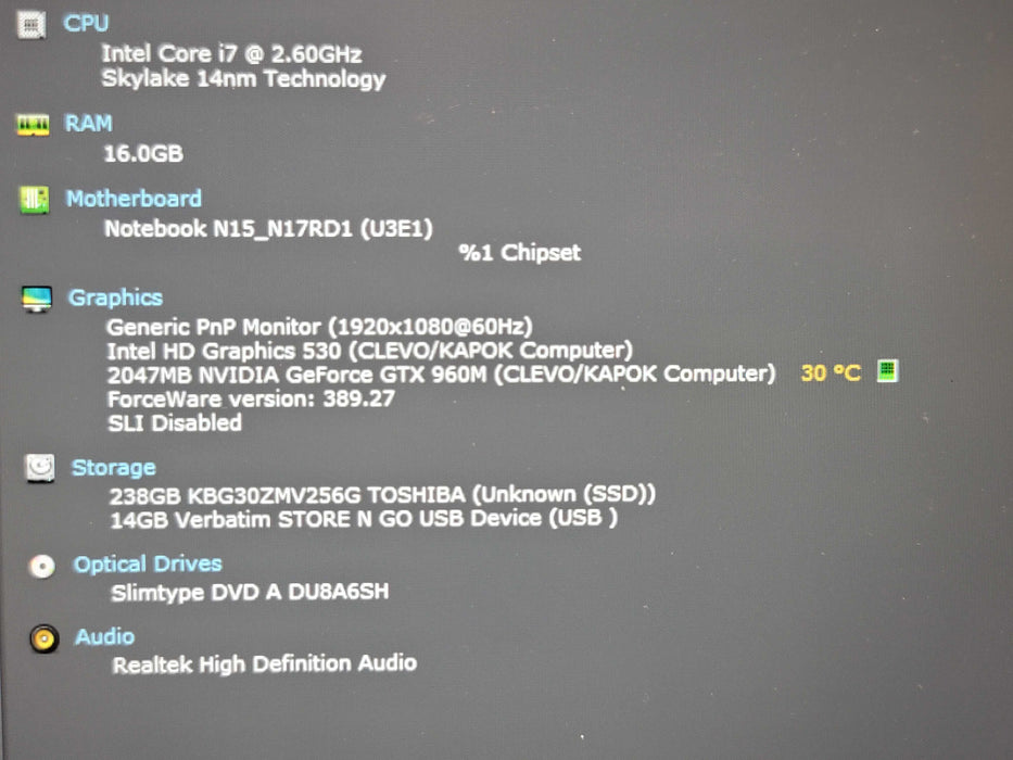 Sager Clevo N155RD1 i7-6700HQ 16GB RAM 960M 256GB SSD  β BudLap