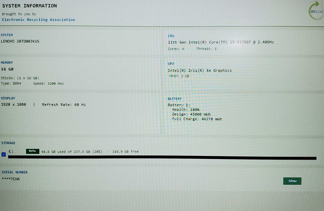 Lenovo ThinkPad E15 Gen 2 Core i5-1135G7@2.40GHz 16GB RAM 256GB SSD  Lap200
