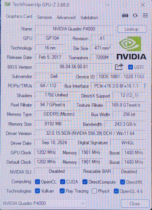 NVIDIA Quadro P4000 8GB GDDR5 Graphics Card, 4x DisplayPort