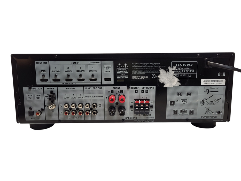 Onkyo TX-SR393 5.2-Channel AV 4K Ultra HD Receiver Black READ $