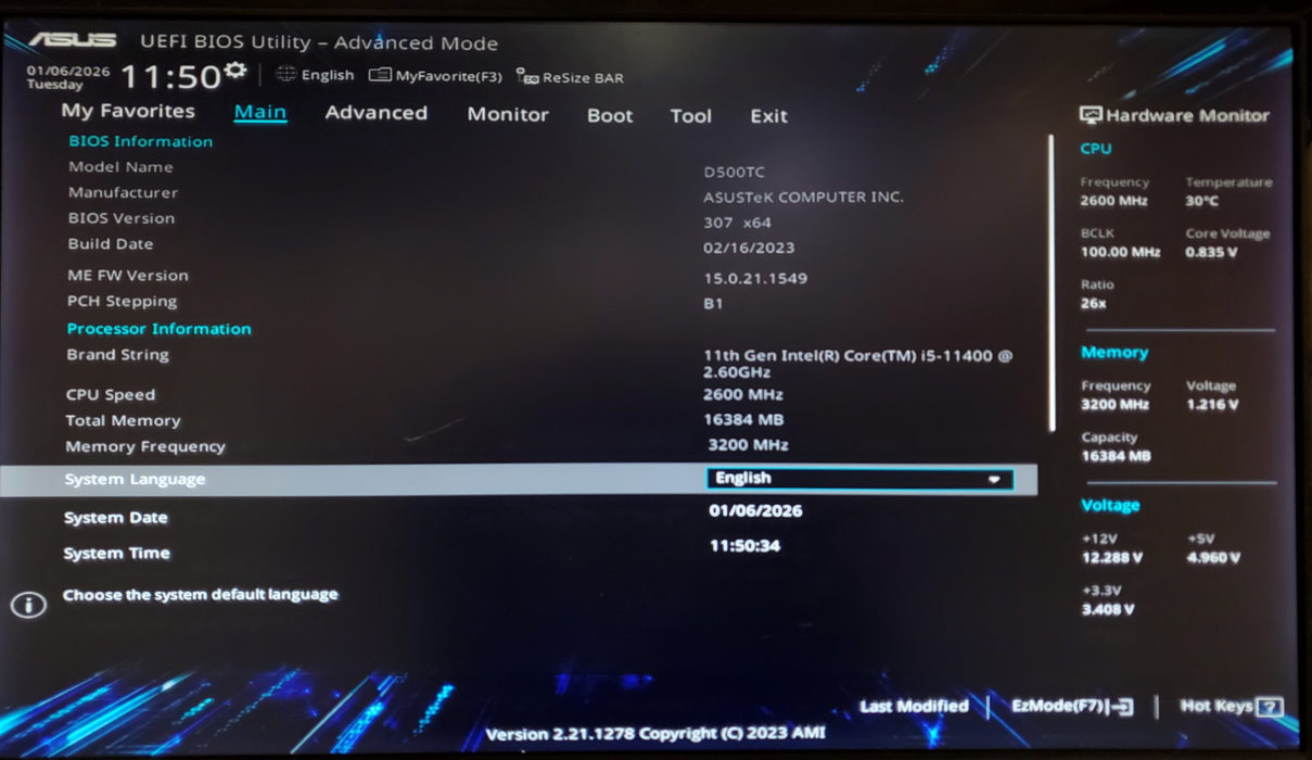 ASUS S500MC Intel Core i5-11400 16GB DDR4 256GB SSD