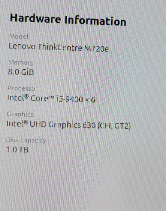 Lenovo ThinkCentre M720e SFF i5-9400 @ 2.90GHz 8GB DDR4 1TB HDD