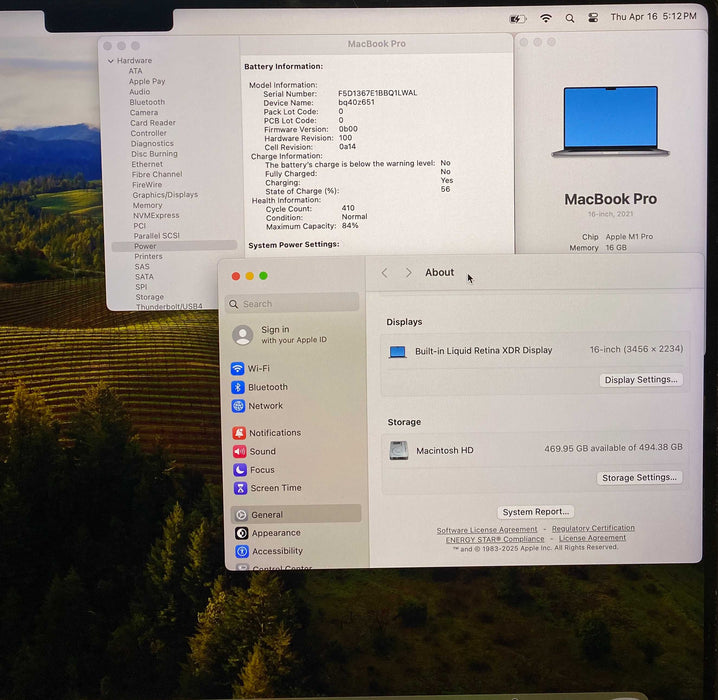 Apple MacBook Pro 16' 2021 M1 Pro 16GB RAM 512GB SSD No Power Adapter READ
