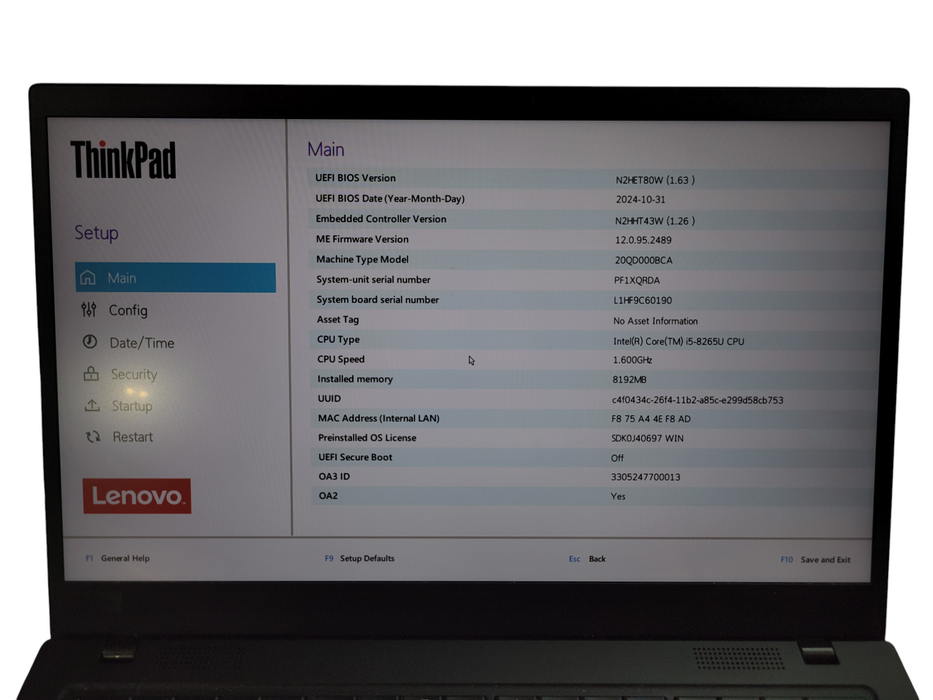 Lenovo ThinkPad X1 Carbon - Core i5-8265U 8GB DDR4 256GB NVMe Q% Lap200