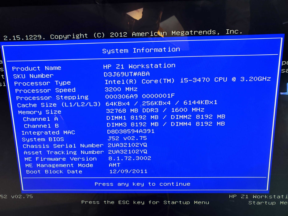 HP Z1 Workstation 23.6" I5-3470 32GB RAM 1TB HDD NO OS