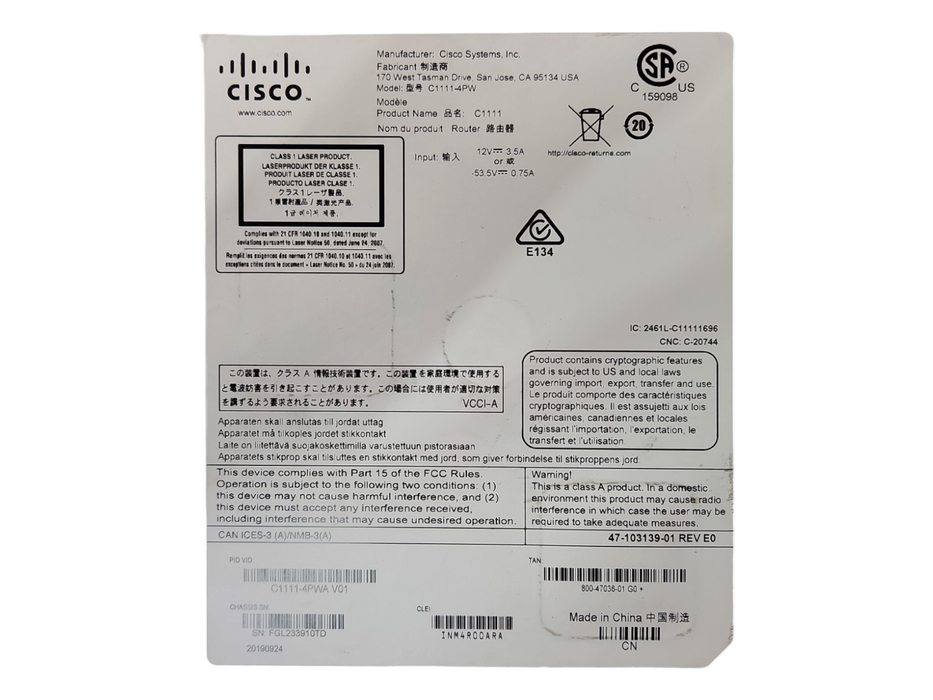 Cisco Systems ISR 1100 C1111-4PWA, 4 Ports Dual GE WAN Router