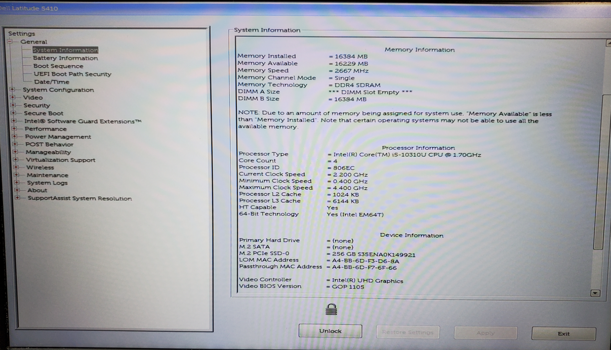 Dell Latitude 5410 Core i5-10310U 16GB DDR4 256GB NVMe *READ*  Lap200