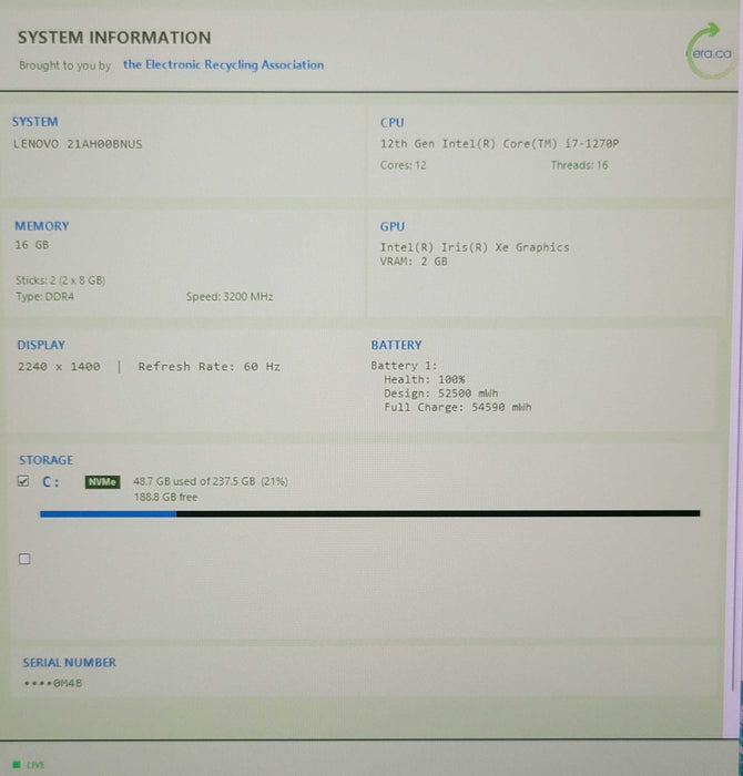 Lenovo ThinkPad T14 Gen 3 i7-1270P 16GB DDR4 256GB NVMe β Lap200
