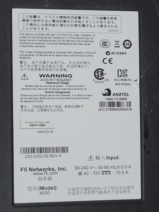F5 Networks BIG-IP 4000 200-0352-09 Rev. k Traffic Manager / Load Balancer Q_