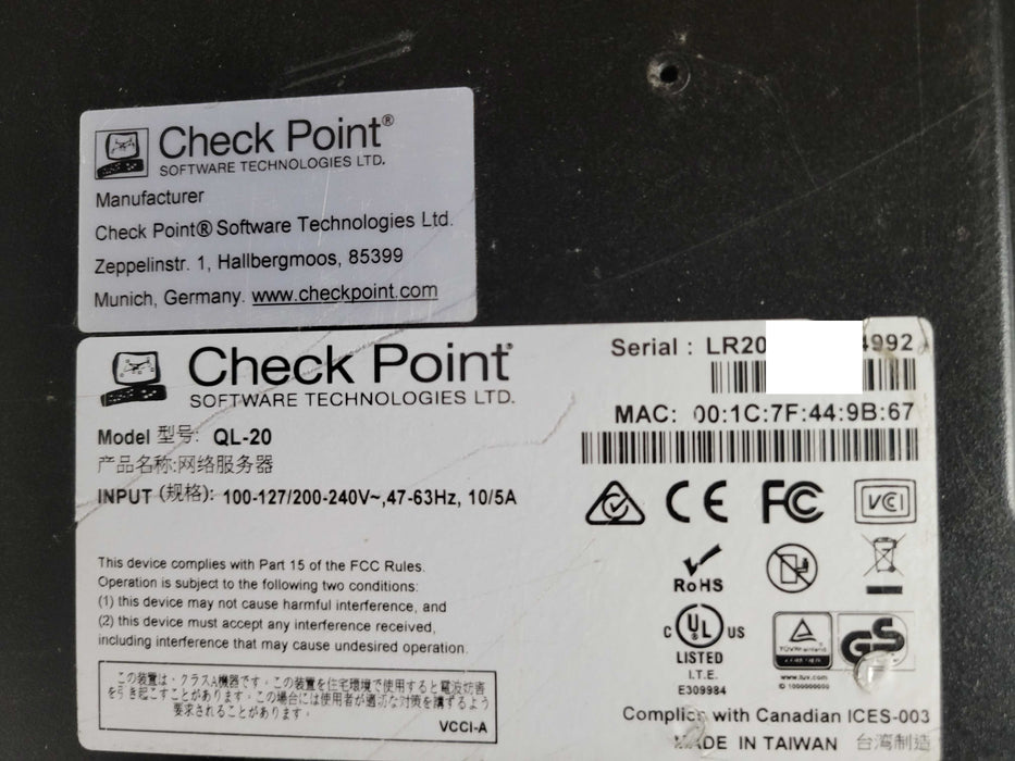 CheckPoint QL-20 Security Gateway Appliance Firewall, No HDD, READ _
