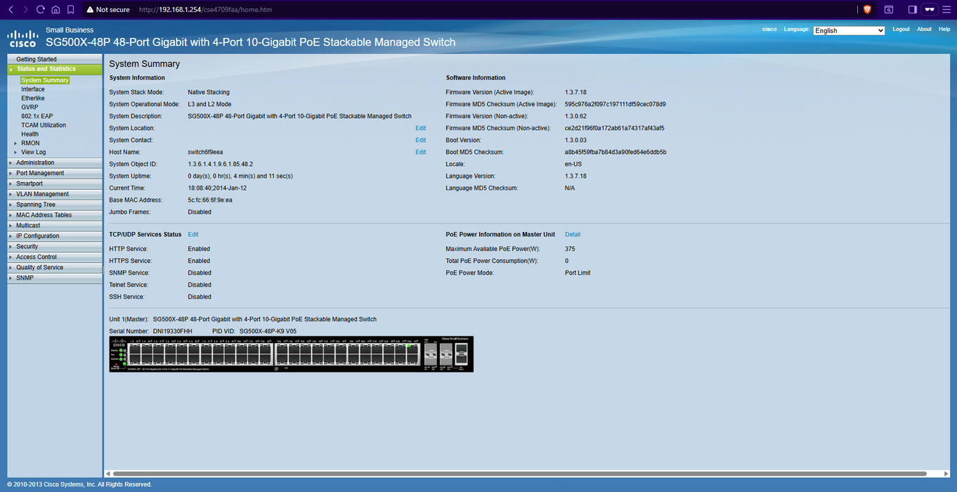 Cisco SG500X-48P-K9 V05 48-Port Gigabit Stackable Ethernet Switch