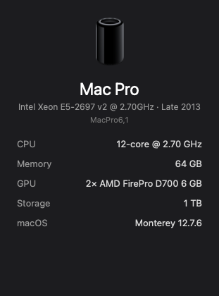 Apple Mac Pro Late 2013 - Xeon E5-2697v2 64GB RAM 1TB SSD 2xAMD FP D700 6GB %
