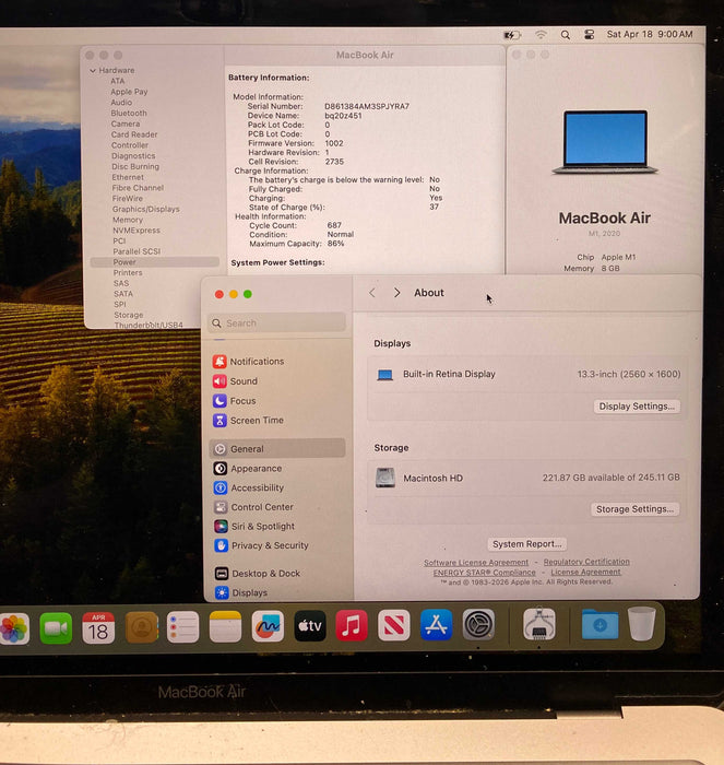 Apple MacBook Air 13" 2020 M1 8GB RAM 256GB SSD No Power Adapter