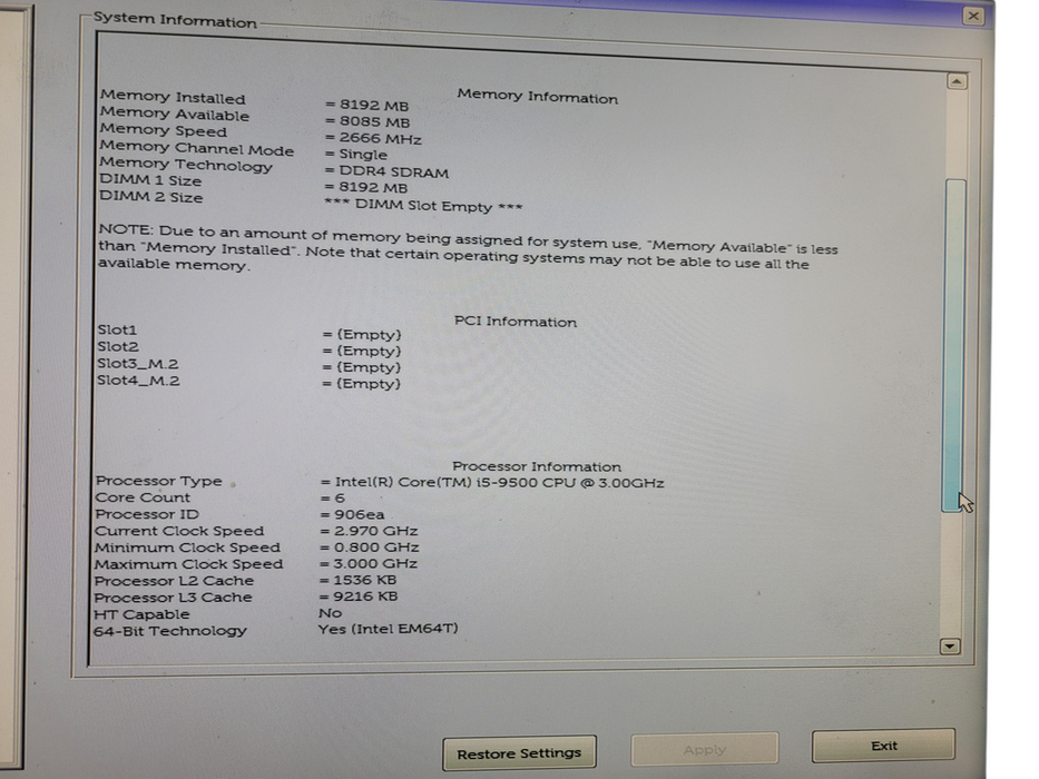 Dell OptiPlex 3070 i5-9500 @ 3.00GHz 8GB DDR4 256GB NVme