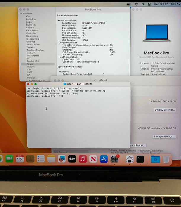 Apple MacBook Pro 13" 2017 i5-7360U 16GB 512SSD Battery Service Recommended
