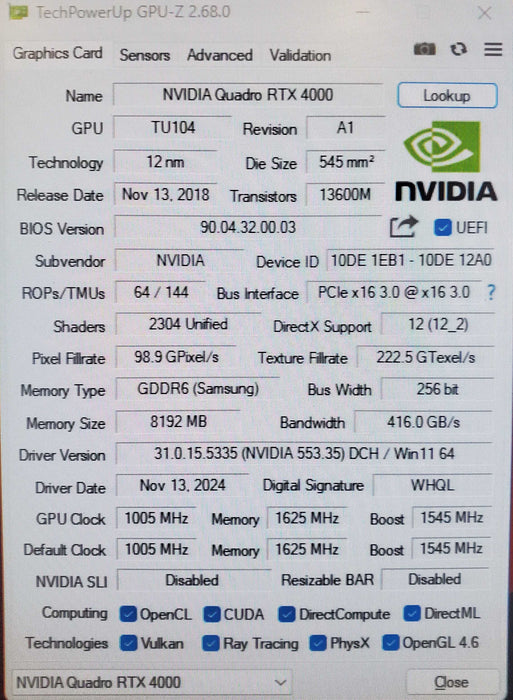 NVIDIA Quadro RTX 4000 8GB GDDR6 Graphics Card - 3xDP 1xUSB-C