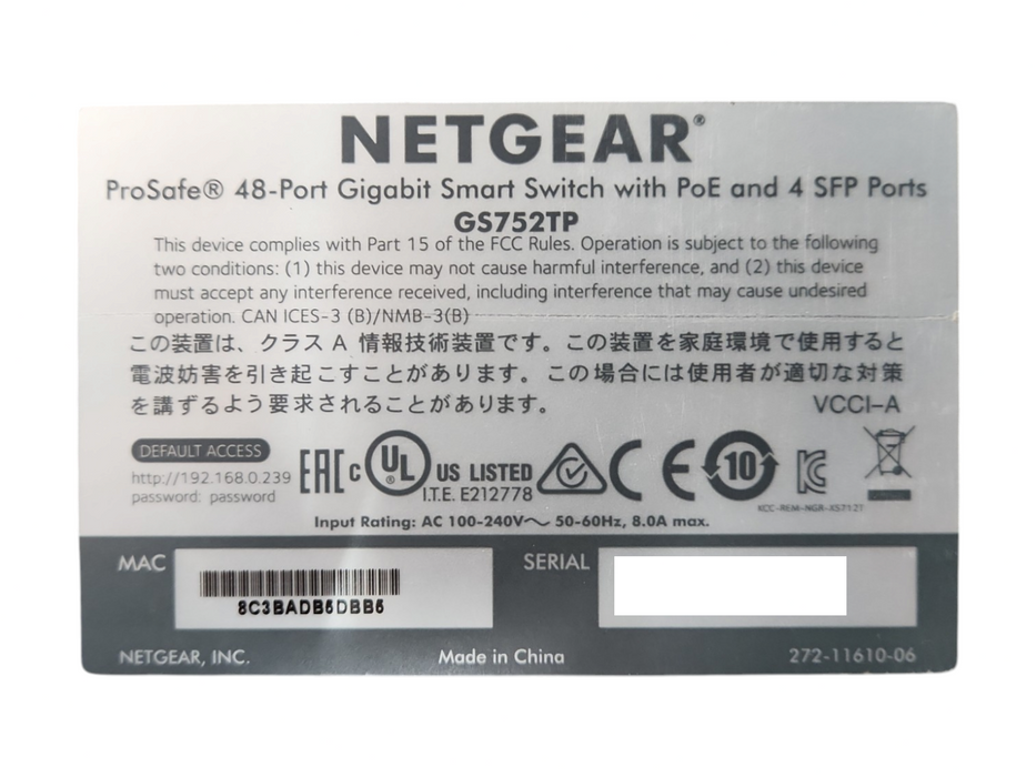 Netgear GS752TP 48-Port PoE+ Switch Gigabit, 4 SFP Ports