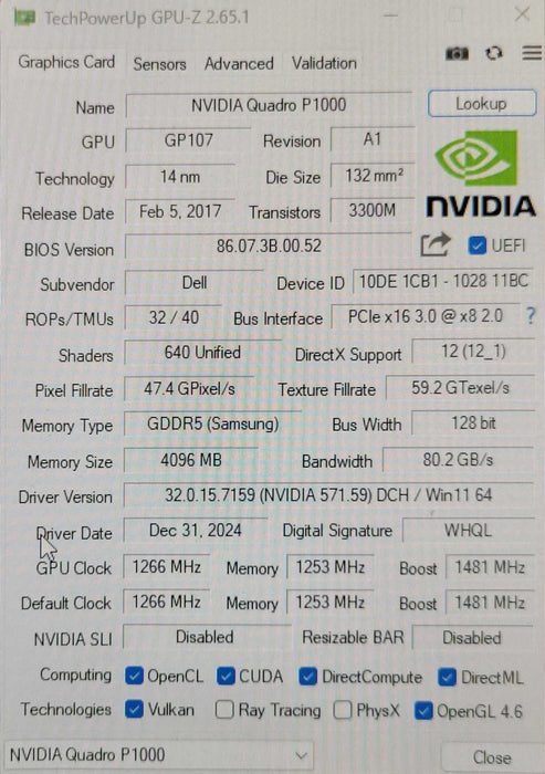 NVIDIA Quadro P1000 4GB DDR5 Graphics Card Low Profile Full Bracket _