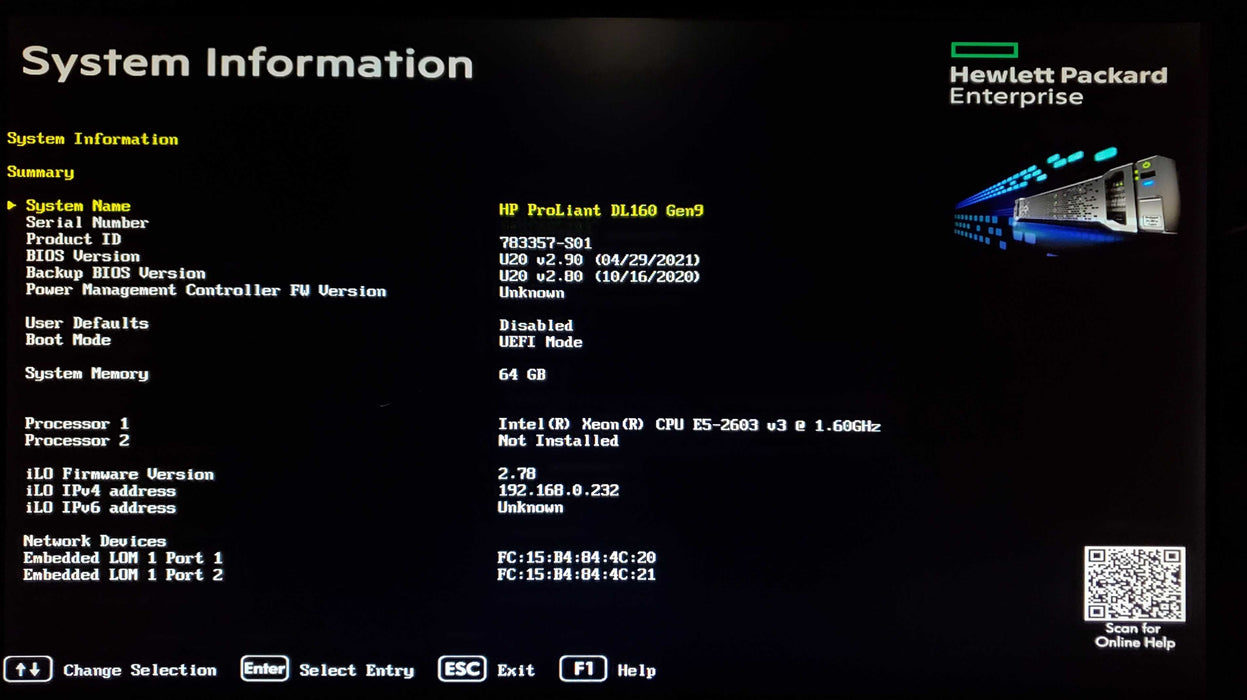 HP ProLiant DL160 Gen9 1x Xeon E5-2603 v3 64GB DDR4 B140i - No HDD