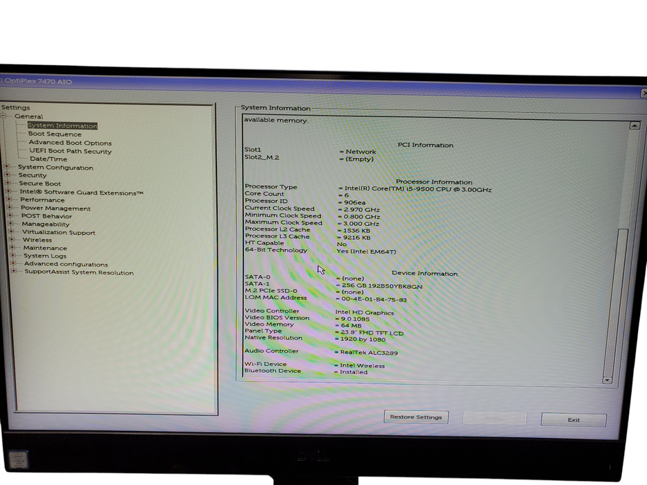 Dell OptiPlex 7470 AIO, i5-9500@3.00GHz, 8GB DDR4, 256GB SSD, no OS