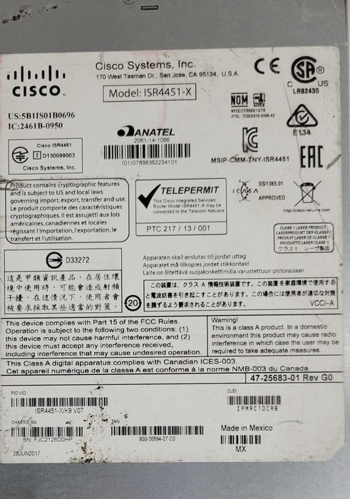 CISCO ISR4451-X/K9 Integrated Services Router, ipbasek9, appxk9, securityk9 _