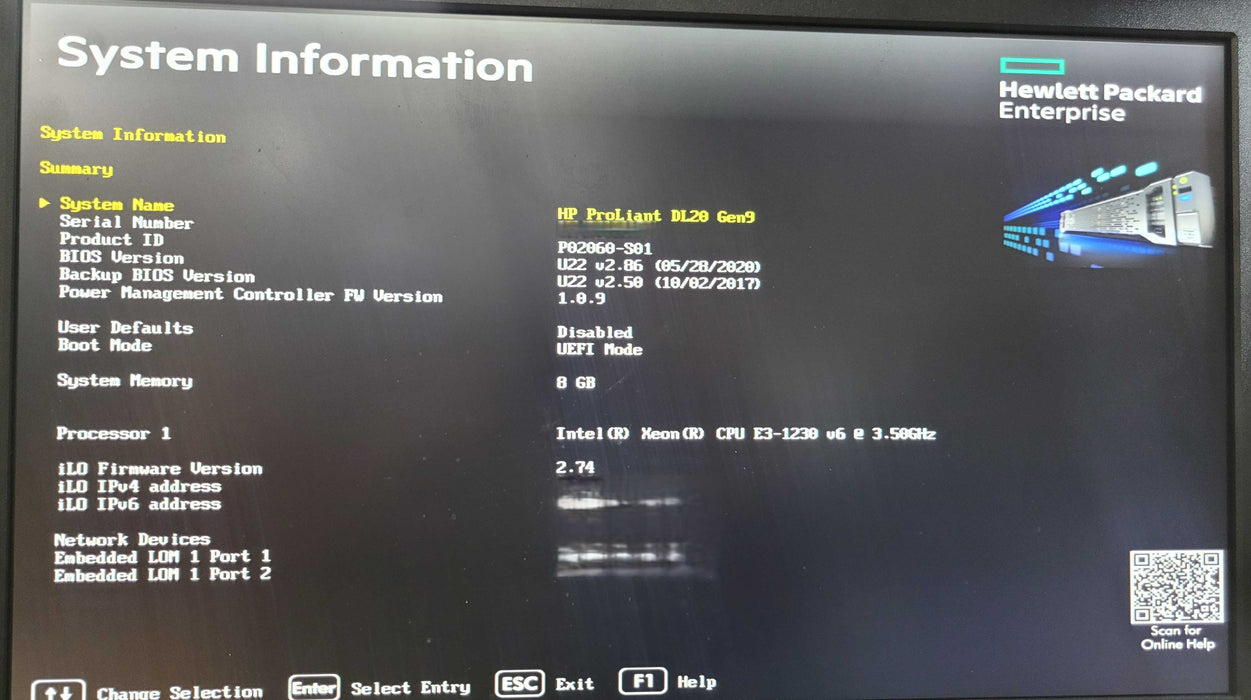 HP ProLiant DL20 Gen9 | Xeon E3-1230 v6 @3.50GHz 8GB DDR4 B140i | NO HDD