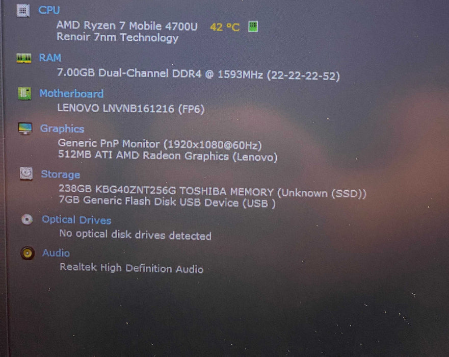 Lenovo Ideapad 5 15ARE05 TOUCH AMD Ryzen 7-4700U@2.00GHz 8GB RAM 256GB SSD  Lap200