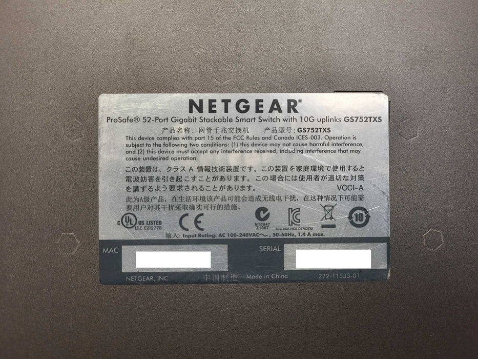 NETGEAR ProSafe GS752TXS 48 x GB RJ45 + 4 x 10GB SFP+ Managed Switch $