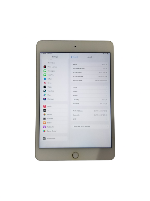 Apple iPad Mini 4 Silver A1538 Model MK9P2CL/A 128GB Wi-Fi
