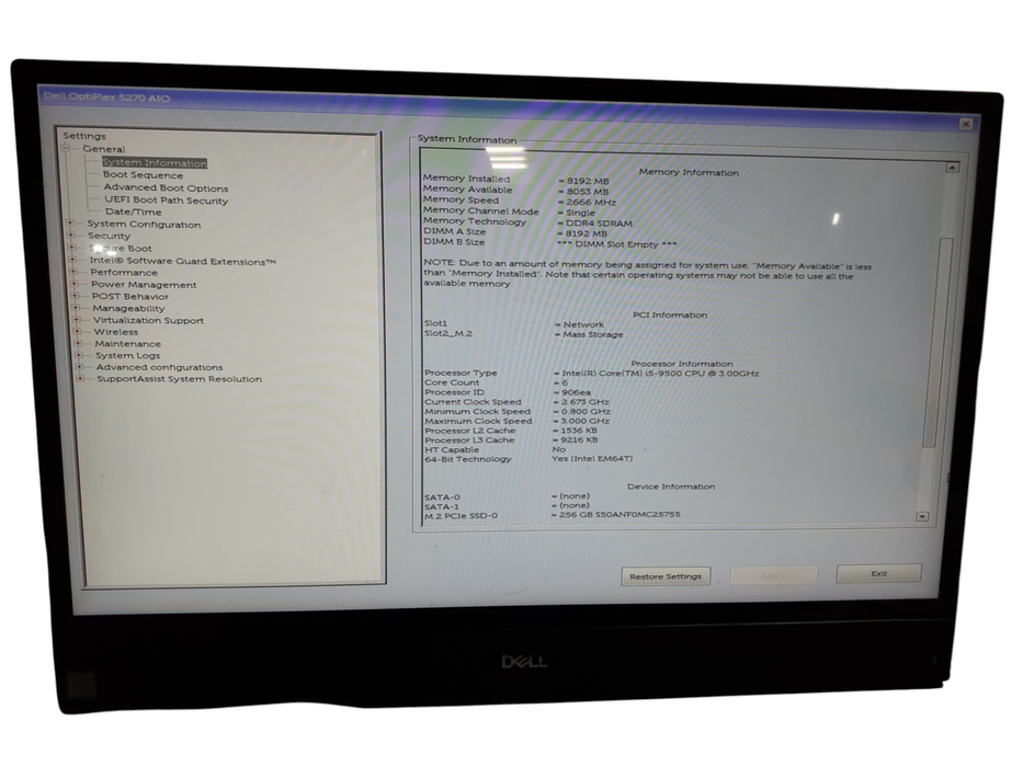 Dell OptiPlex 5270 AIO  i5-9500 @3.00GHz | 8GB DDR4 | 256GB NVMe  Q