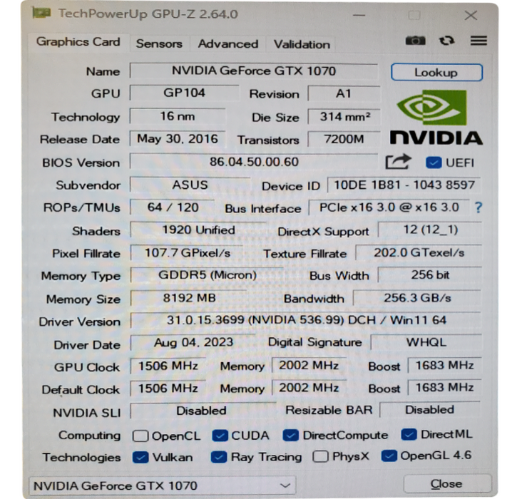 ASUS NVIDIA GTX 1070 8GB Graphics Card - 2xDP 2xHDMI 1xDVI