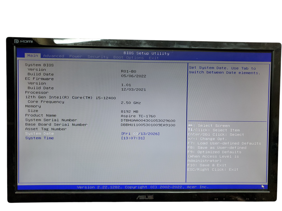 Acer Aspire TC-1760 Tower, i5-12400, 8GB DDR4, No HDD, No OS