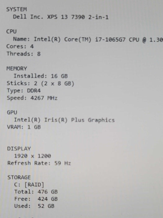 Dell XPS 13 7390 2-in-1 i7-1065G7 16GB RAM 512GB SSD PARTS/REPAIR  β Lap200