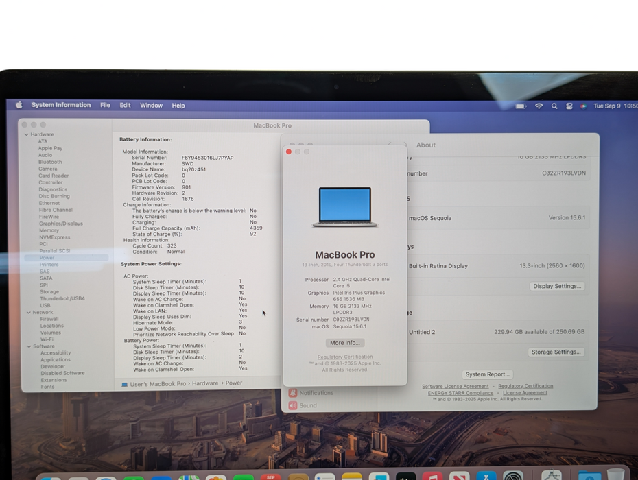 Apple MacBook PRO 13-inch 2019 Intel i5-8279U 16GB RAM 250GB Storage  -