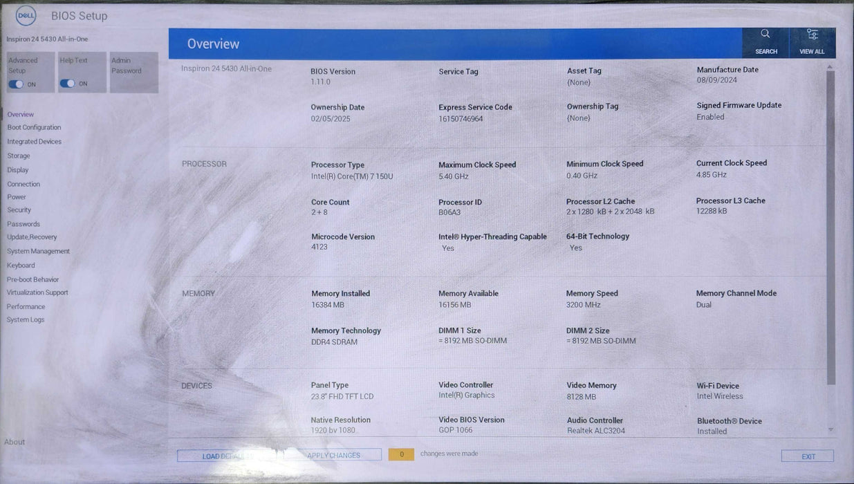 DELL INSPIRON 24 5420 23.8", Intel Core 7 150U, 16GB DDR4, 256GB NVMe, READ