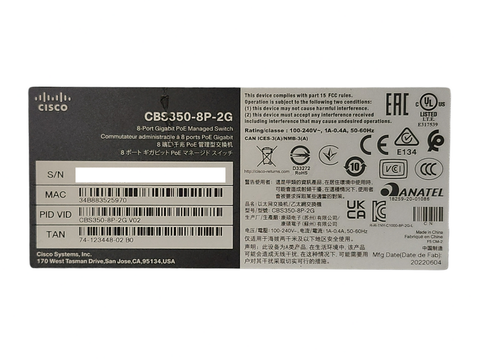 Cisco CBS350-8P-2G-NA 8-Port Gigabit PoE+ Compliant Managed Network Switch