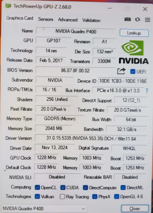 NVIDIA Quadro P400 2GB GDDR5 Graphics Card Q