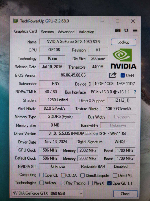 PNY GeForce GTX1060 6GB GDDR5 GPU VCGGTX10606PB-CG Q