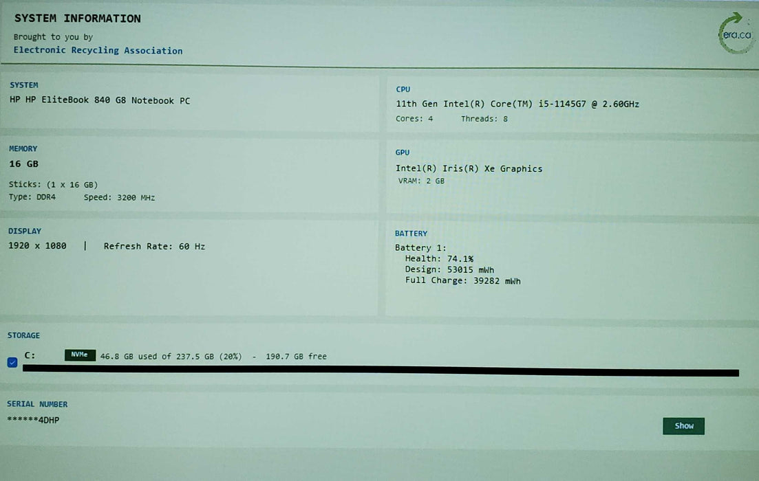 HP EliteBook 840 G8 14" FHD i5-1145G7 2.6GHz 16GB 256GB READ  Lap200