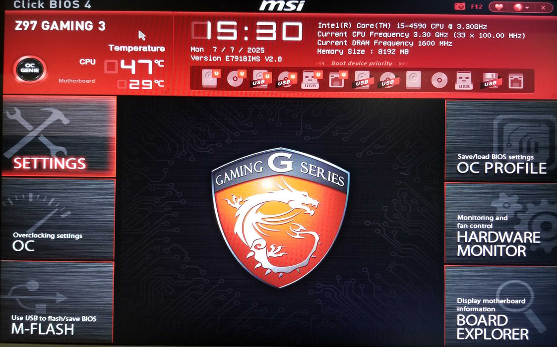 MSi Z97 Gaming 3 MotherBoard with i5-4590 CPU 3.30GHz, 8GB RAM - NO HDD