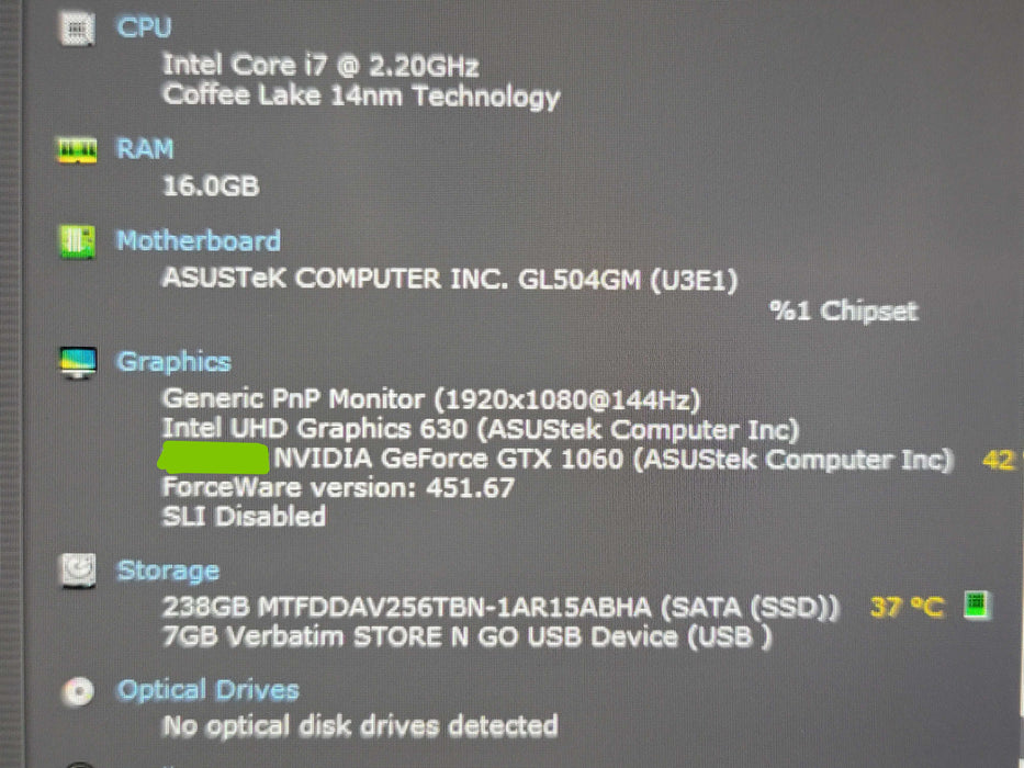 ASUS ROG GL504G i7-8750H 16GB DDR4 GTX 1060 256GB SSD READ β Lap200