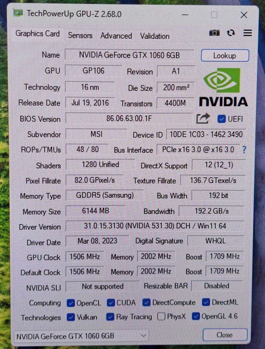 NVIDIA GeForce GTX 1060 6GB LENOVO OEM Graphics Card )