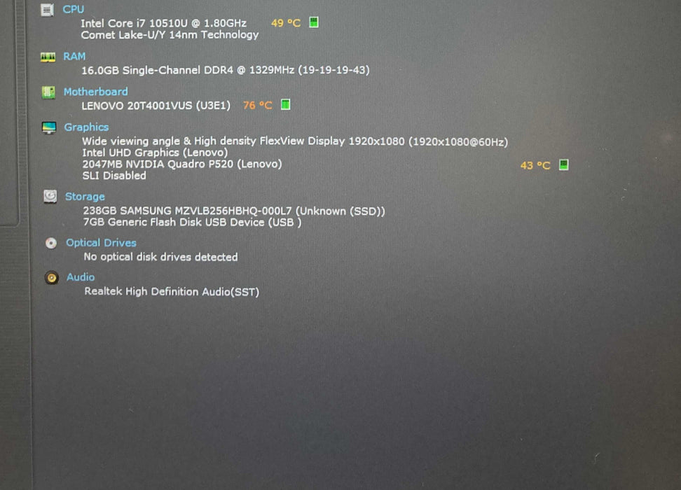 Lenovo ThinkPad P15s Gen 1 i7-10510U QUADRO P520 2GB GPU 16GB RAM 256GB SSD Q Lap200