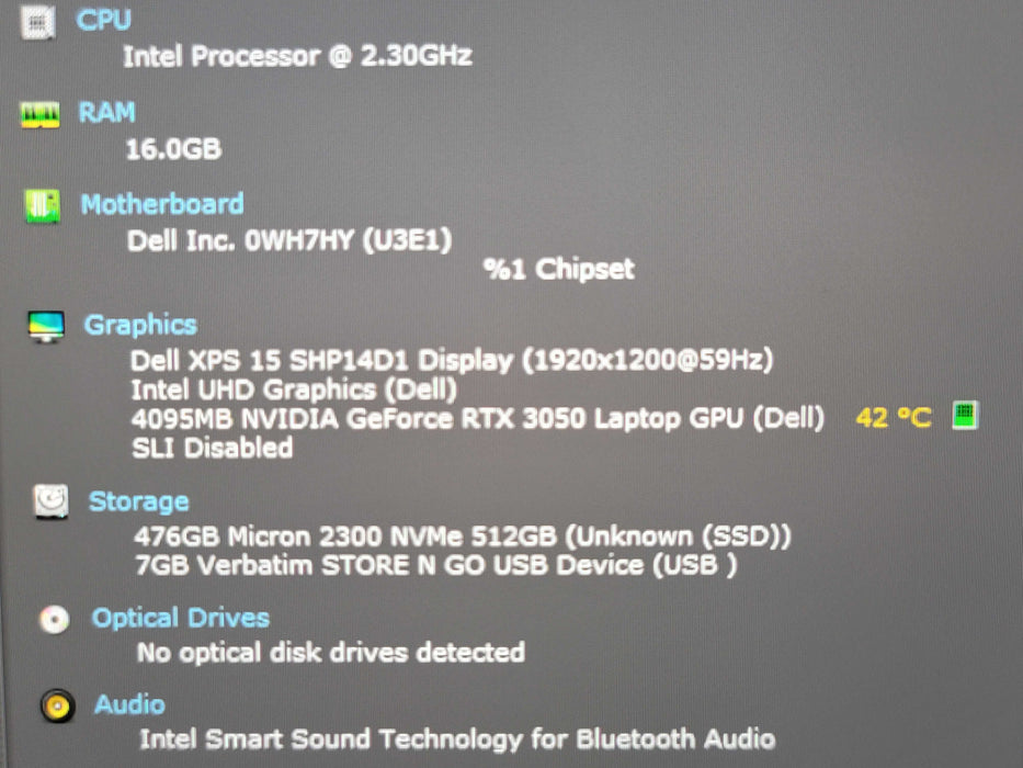 Dell XPS 15 9510 i7-11800H 2.3GHz 16GB GB DDR4 RTX 3050 256GB NVMe NO AC β Lap200