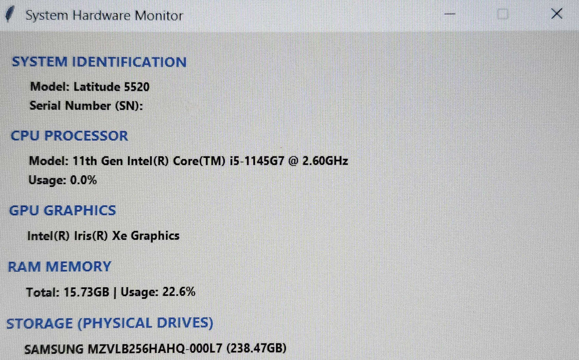 Dell Latitude 5520, i5-1145G7 @ 2.60GHz, 16GB DDR4, 256GB NVMe, AC Adapter  Lap200