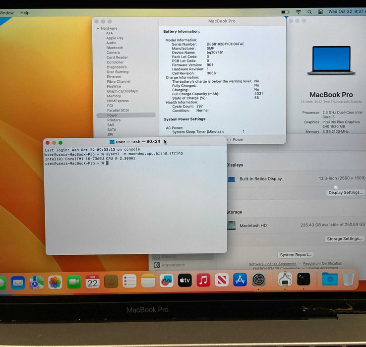 Apple MacBook Pro 13" 2017 i5-7360U 8GB RAM 256GB SSD No Power Adapter READ