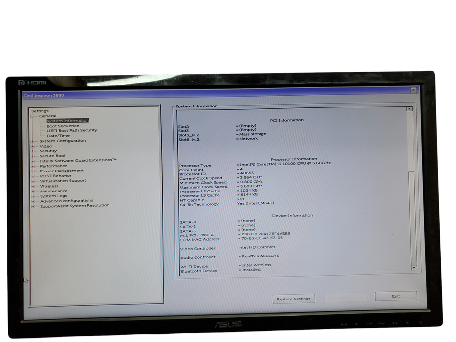 Dell Inspiron 3880 Tower, i3-10100, 8GB DDR4, 256GB NVMe, No OS
